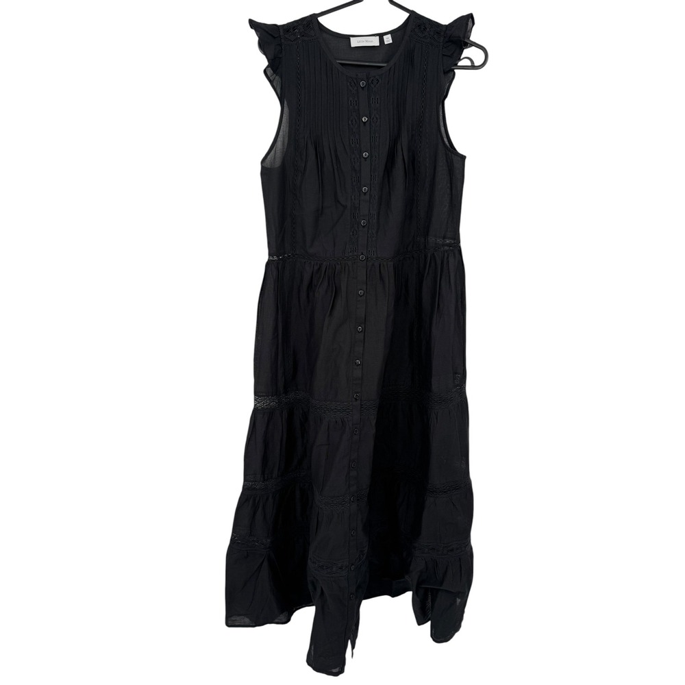 Little Moon Aritzia Black Organic Cotton Lace Trim Ruffle Midi Dress XS